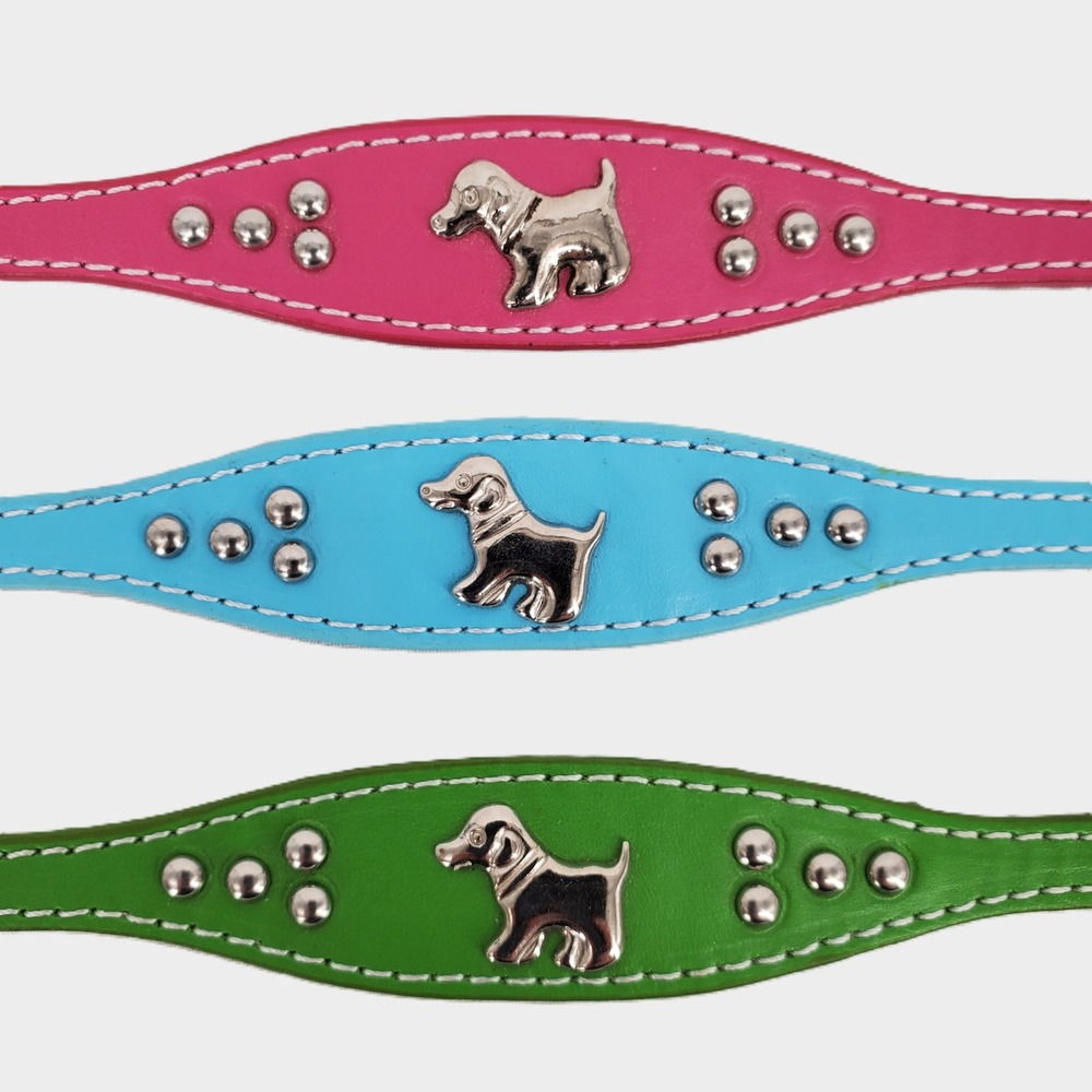 Set of 3 Studded Faux Leather Dog Collars Pink Blue Green Dog Charm Small Medium